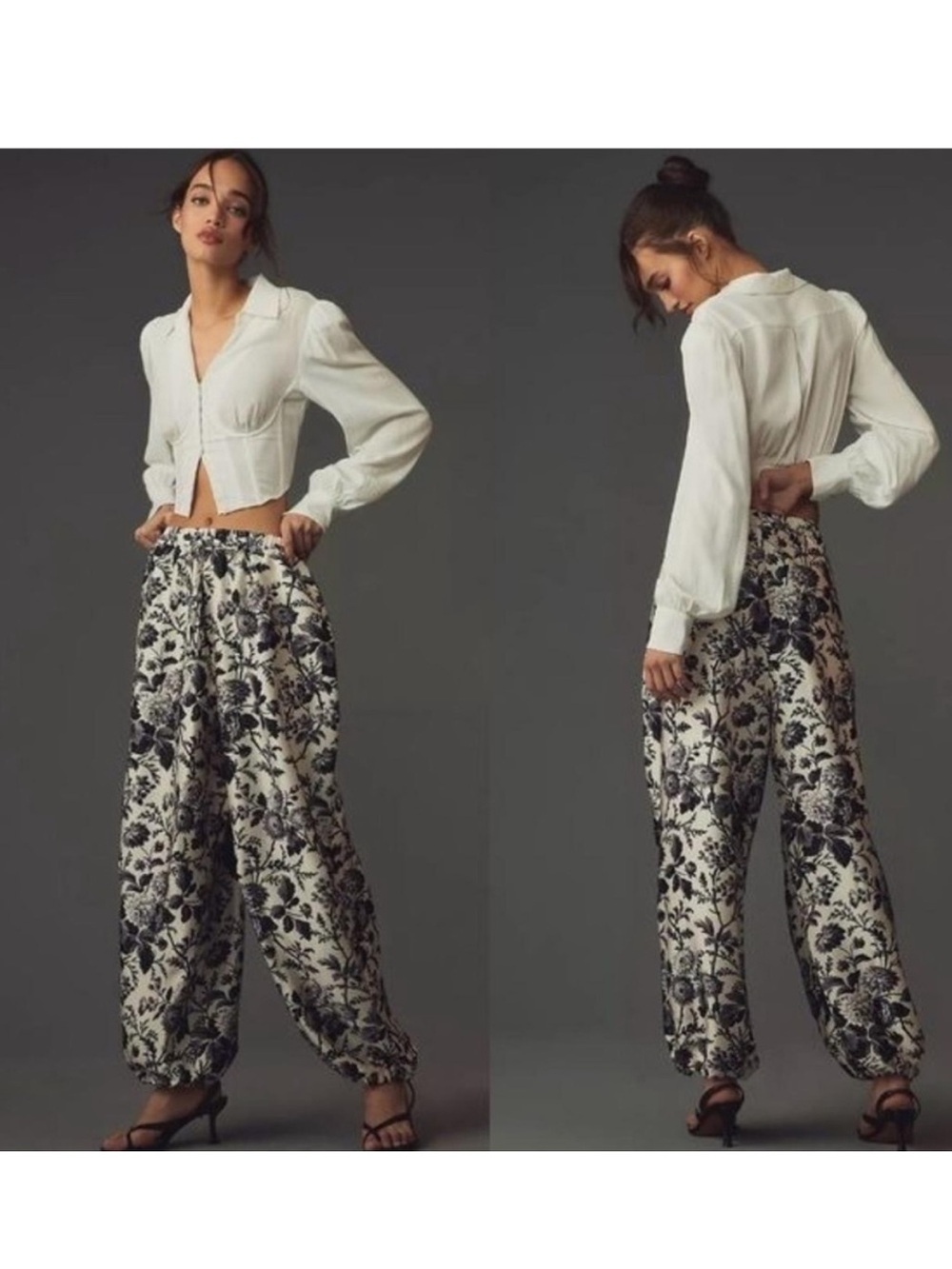Maeve by Anthropologie Black and White Floral Silk Balloon Parachute Pants, M - Picture 1 of 5